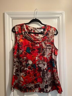 Kasper Red Abstract Floral Cowl Neck Sleeveless Top